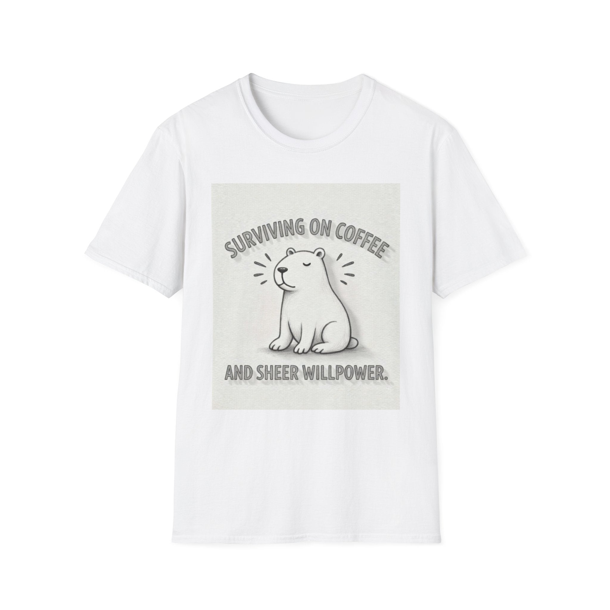 SURVIVING ON COFFEE AND SHEER WILLPOWER Capybara T-Shirt - Funny Coffee Lover Burnout Tee, Chill Sketch Capybara Mental Health Gift