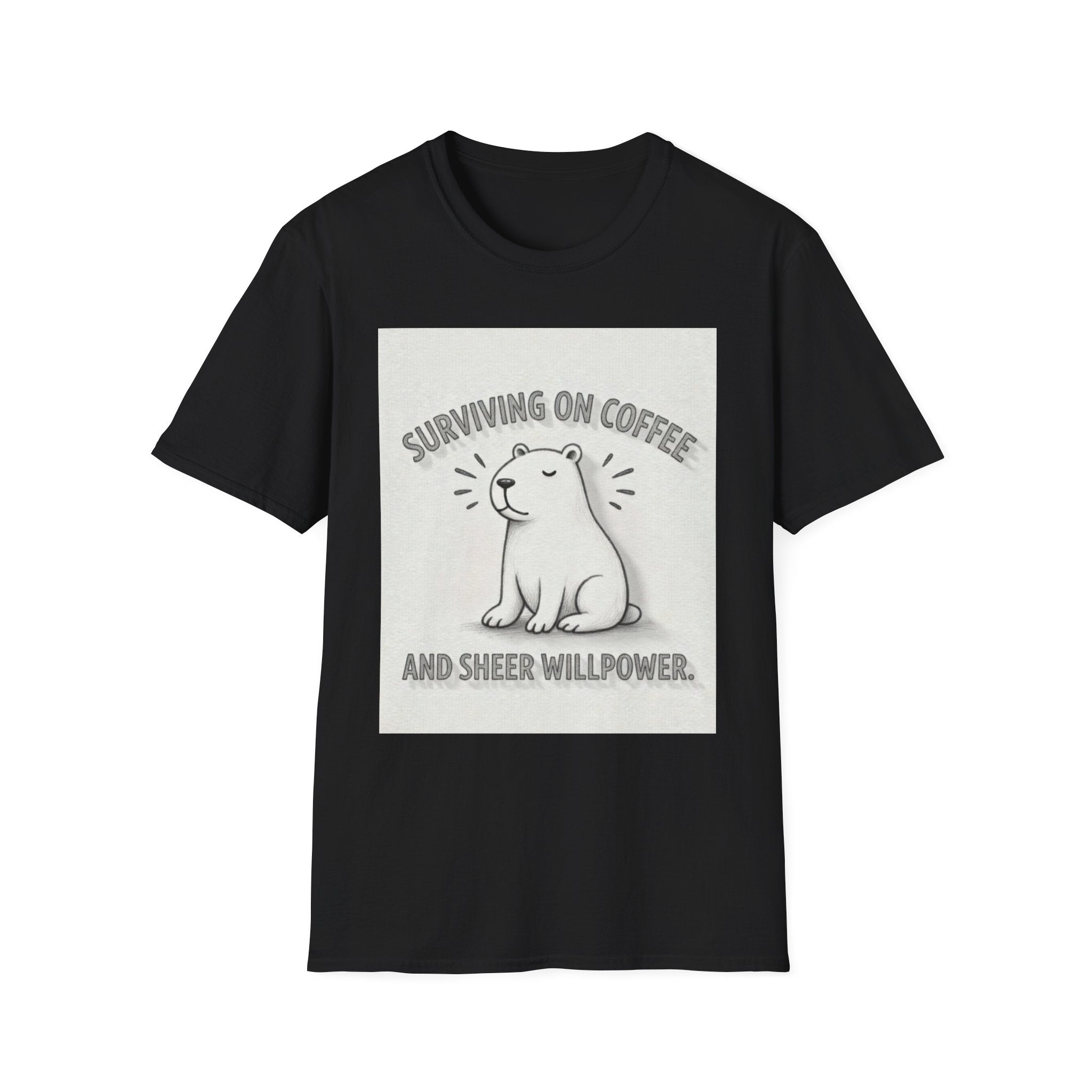 SURVIVING ON COFFEE AND SHEER WILLPOWER Capybara T-Shirt - Funny Coffee Lover Burnout Tee, Chill Sketch Capybara Mental Health Gift