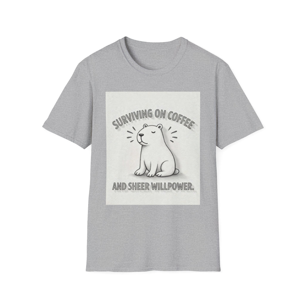 SURVIVING ON COFFEE AND SHEER WILLPOWER Capybara T-Shirt - Funny Coffee Lover Burnout Tee, Chill Sketch Capybara Mental Health Gift