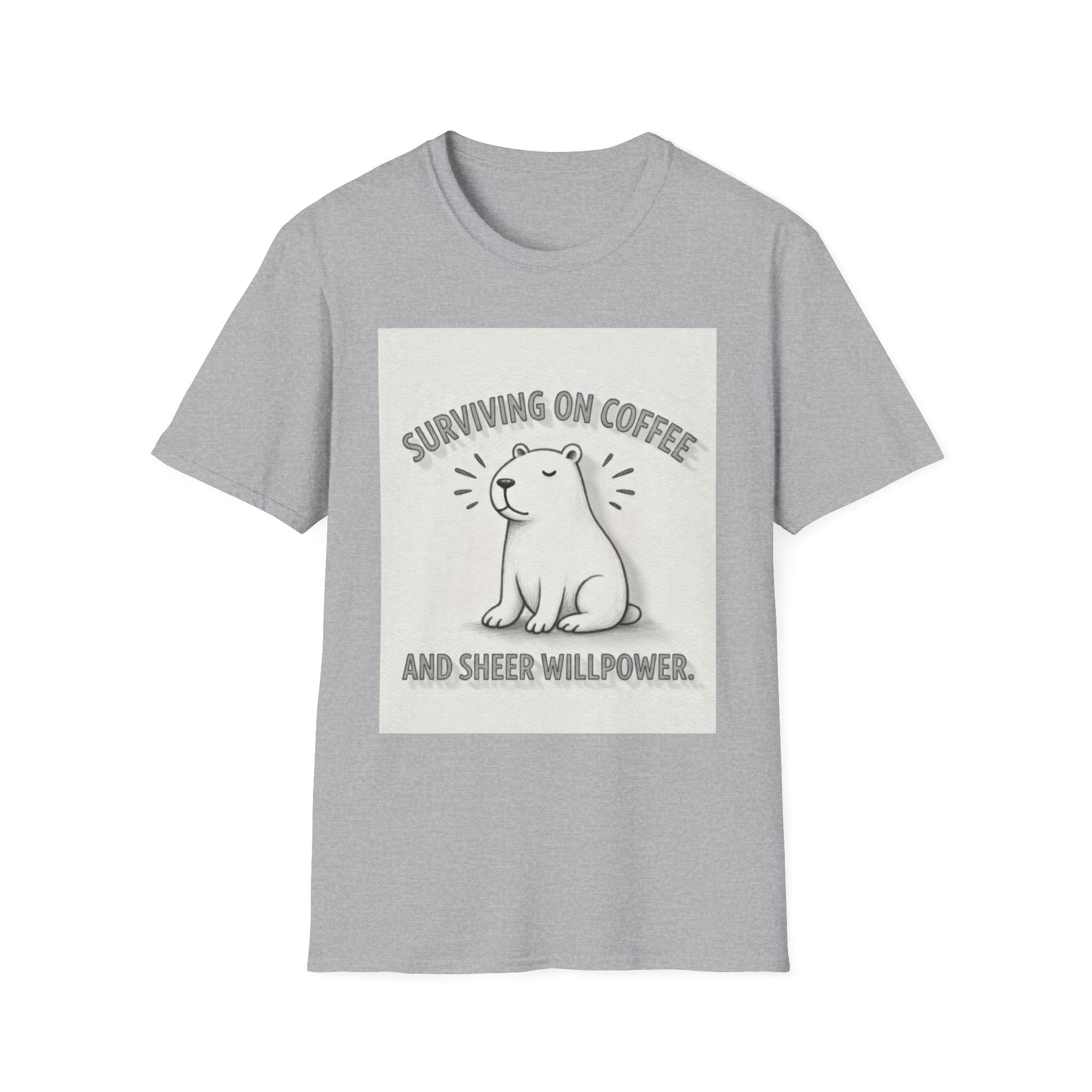 SURVIVING ON COFFEE AND SHEER WILLPOWER Capybara T-Shirt - Funny Coffee Lover Burnout Tee, Chill Sketch Capybara Mental Health Gift