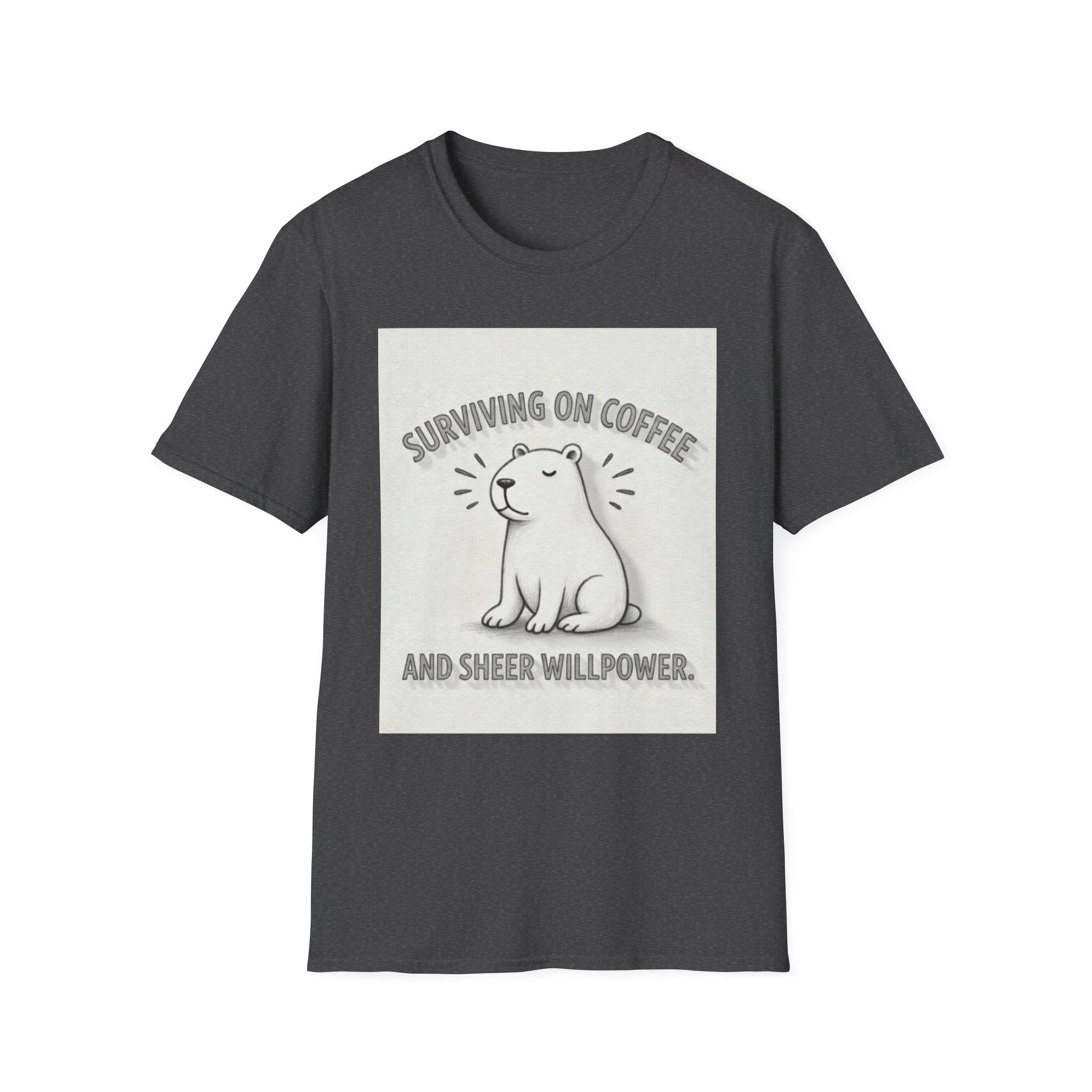 SURVIVING ON COFFEE AND SHEER WILLPOWER Capybara T-Shirt - Funny Coffee Lover Burnout Tee, Chill Sketch Capybara Mental Health Gift